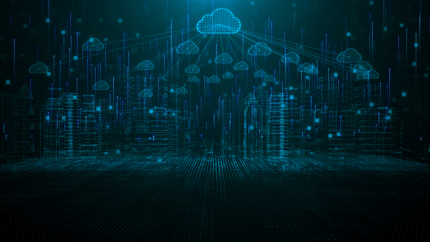 Smart city of cloud computing using artificial intelligence. Futuristic technology internet and big data 5g connection. Cybersecurity digital data background