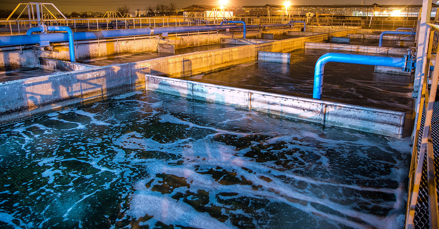Nighttime image of a wastewater treatment plant